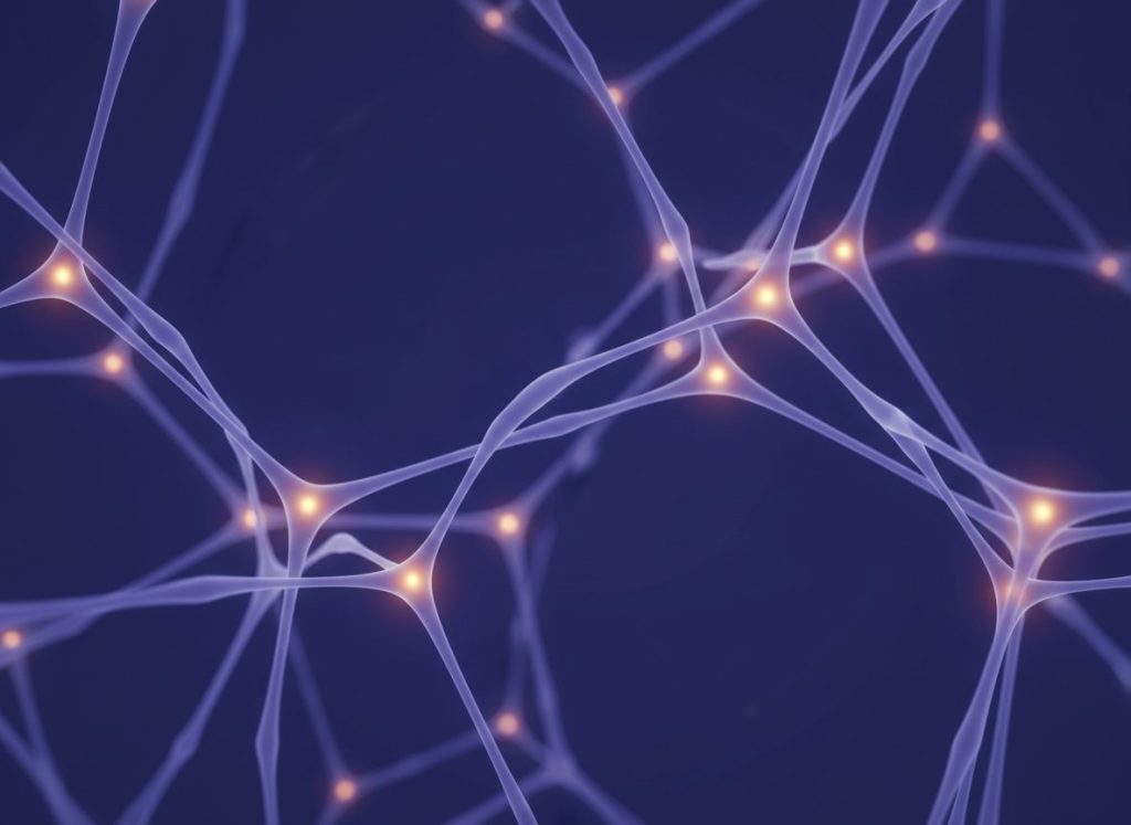 Abstract netwerk van lichtgevende neuronen in indigo tinten